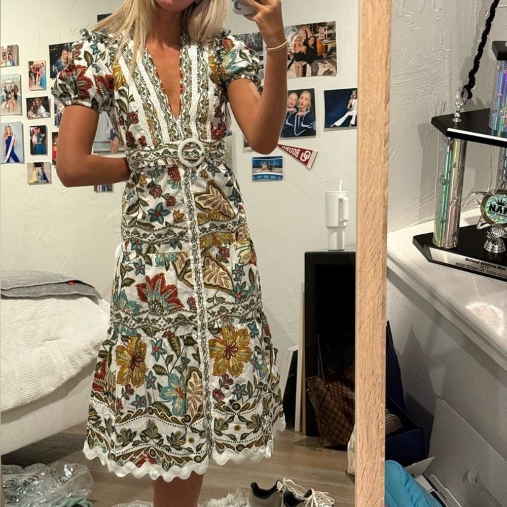 FARM Rio Off White Botanicals Belted Midi Dress